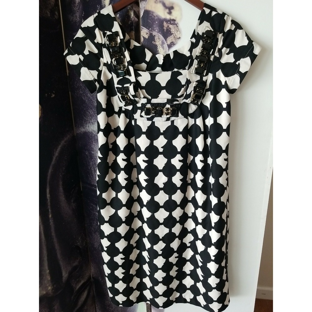 KARTA Women's Cap Sleeve Geometric Print Ivory‎ Black Square Neck Shift Dress S